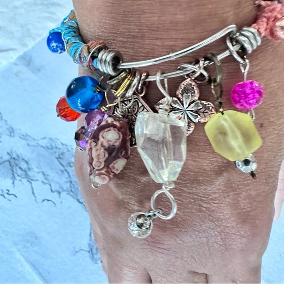 Handmade charm bracelet beaded Assemblage Bangle Thrashed Trashed Fabric shreds - Picture 2 of 14